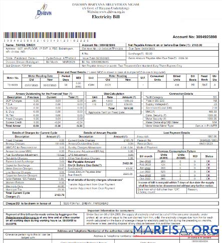 Blank INIDA DHBVN utility bill Word and PDF template